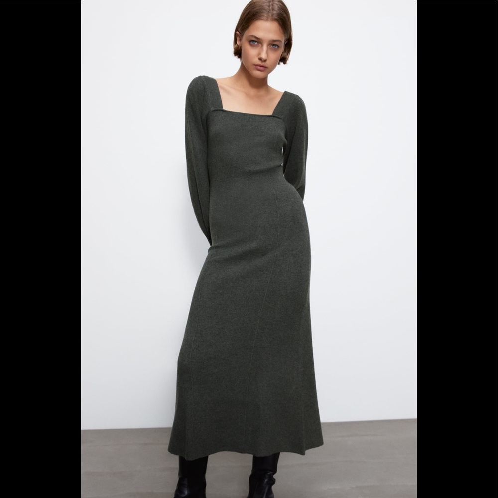 🤍 ZARA Gray Balloon Sleeve Knit Midi Sweater Dress sz Medium